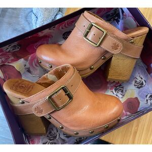 Lucky Brand Leather Clogs Women’s 7.5 M Rose Cream Florence Brown Wood Platform